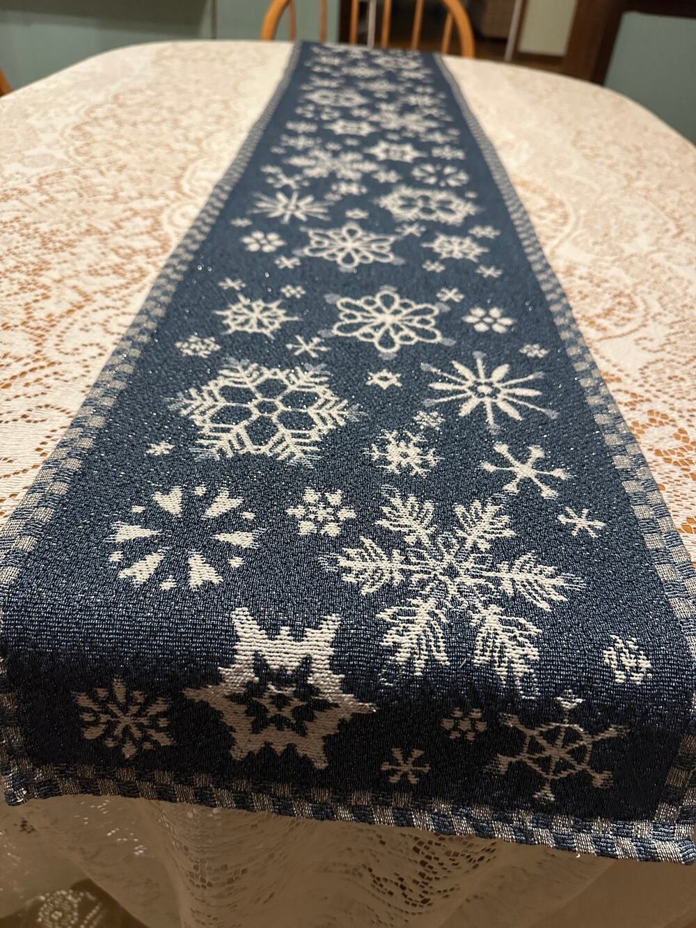 Christmas Snowflake Table Runner Blue Metallic Glitter Jacquard Winter 65"